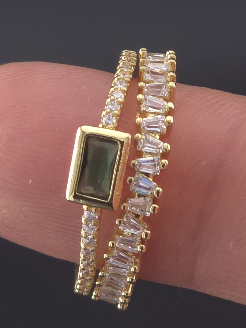 Gold-Plated Green Stone & Cubic Zirconia Green Stackable Ring